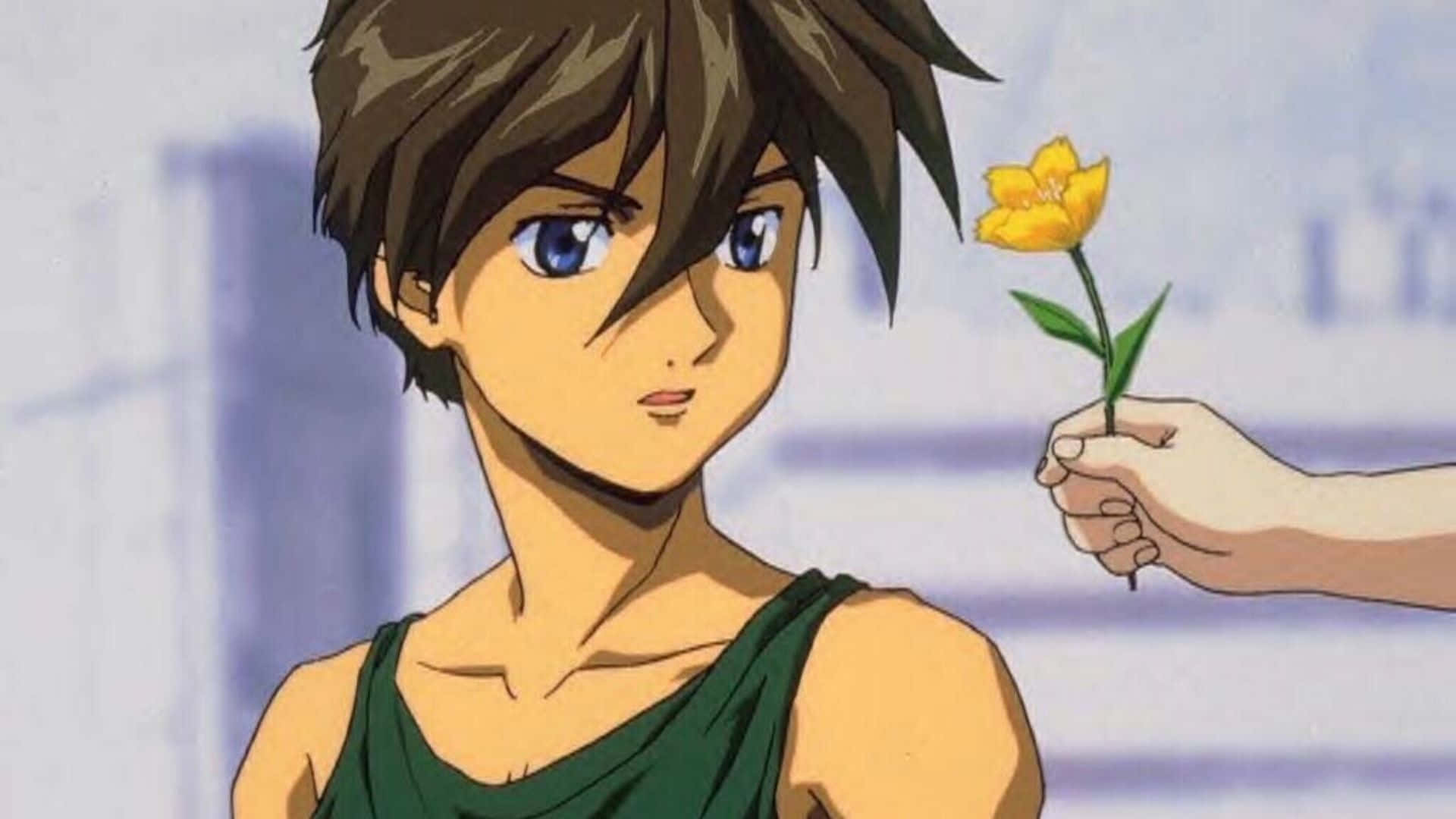 Heero Yuy 桌布 壁紙 — 一個藍眼睛、棕色頭髮的年輕動漫男孩看著一隻手遞給他的黃色花朵。