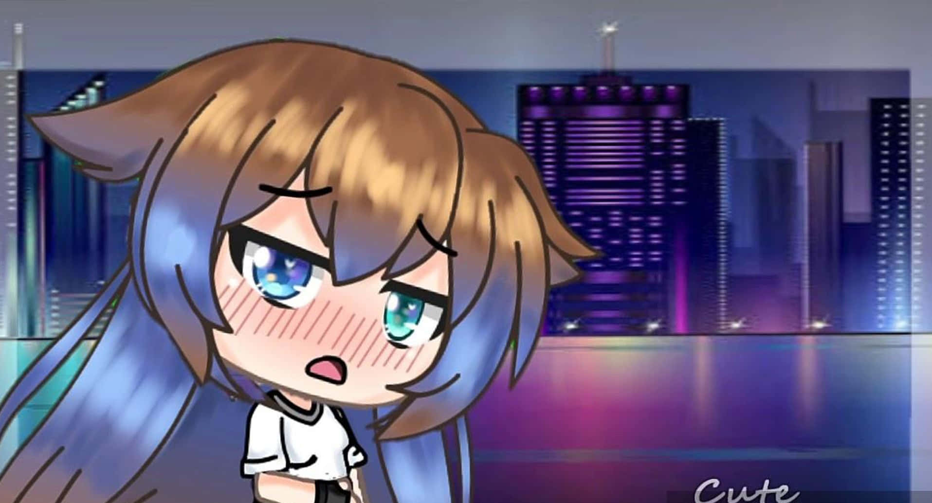 Gacha Life 桌布 壁紙 — 一個藍眼睛、貓耳朵的Q版動漫女孩，在夜晚發光的紫色城市天際線前顯得驚訝。