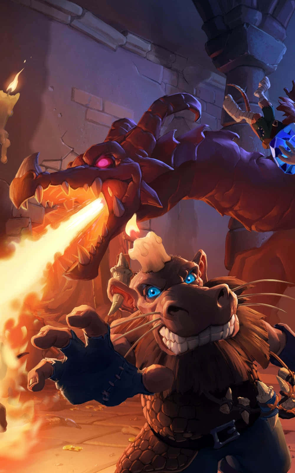 Pixel 3 Hearthstone 桌布 壁紙 — 一個藍眼睛、頭頂蠟燭的兇猛奇幻戰士，在石頭廢墟中與一條火紅的巨龍戰鬥。
