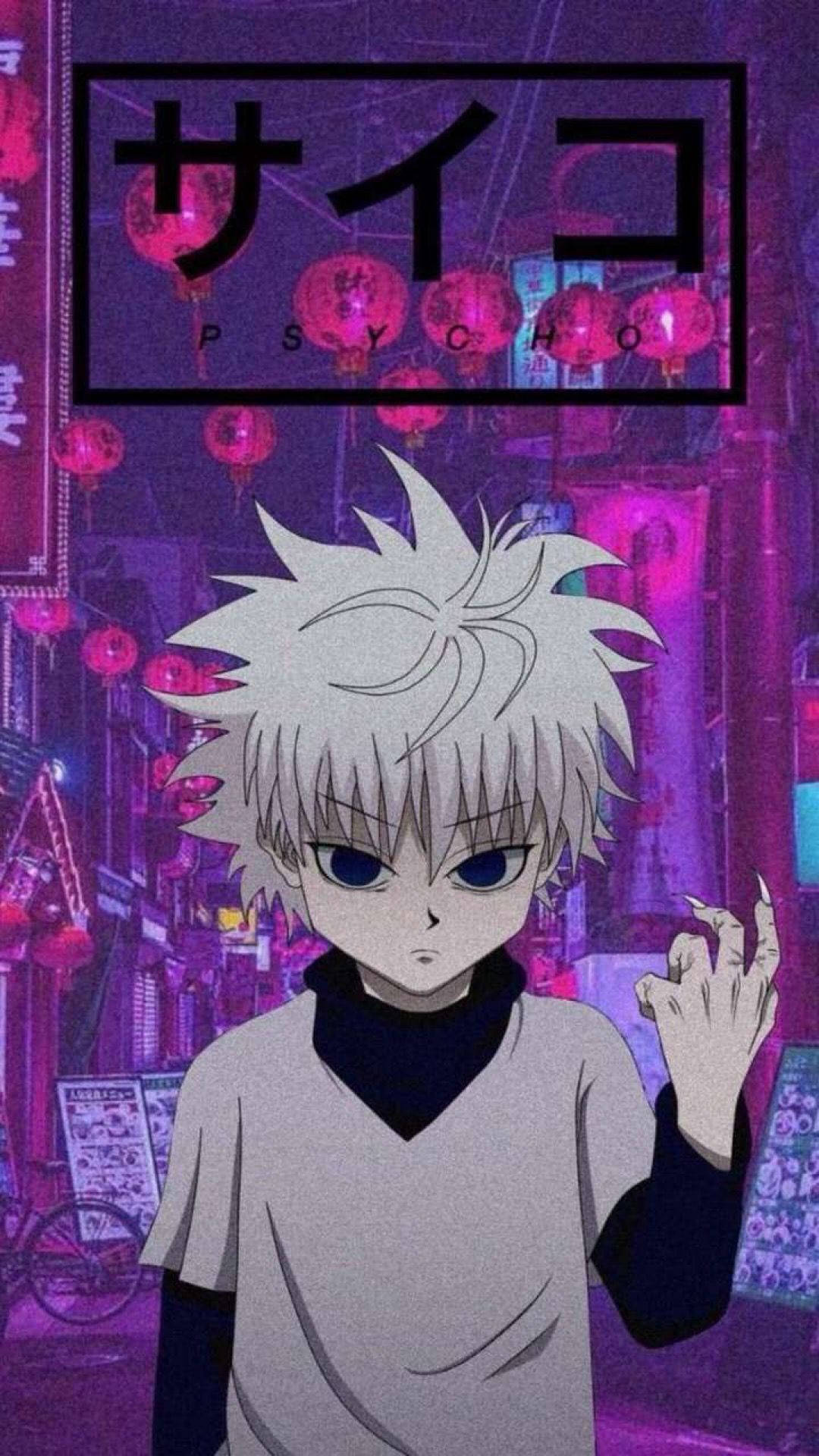 獵人 x 獵人 桌布 壁紙 — 一個藍眼睛、頭髮豎起的動漫男孩站在霓虹燈照亮的城市小巷中，下方是發光的粉紅色燈籠。