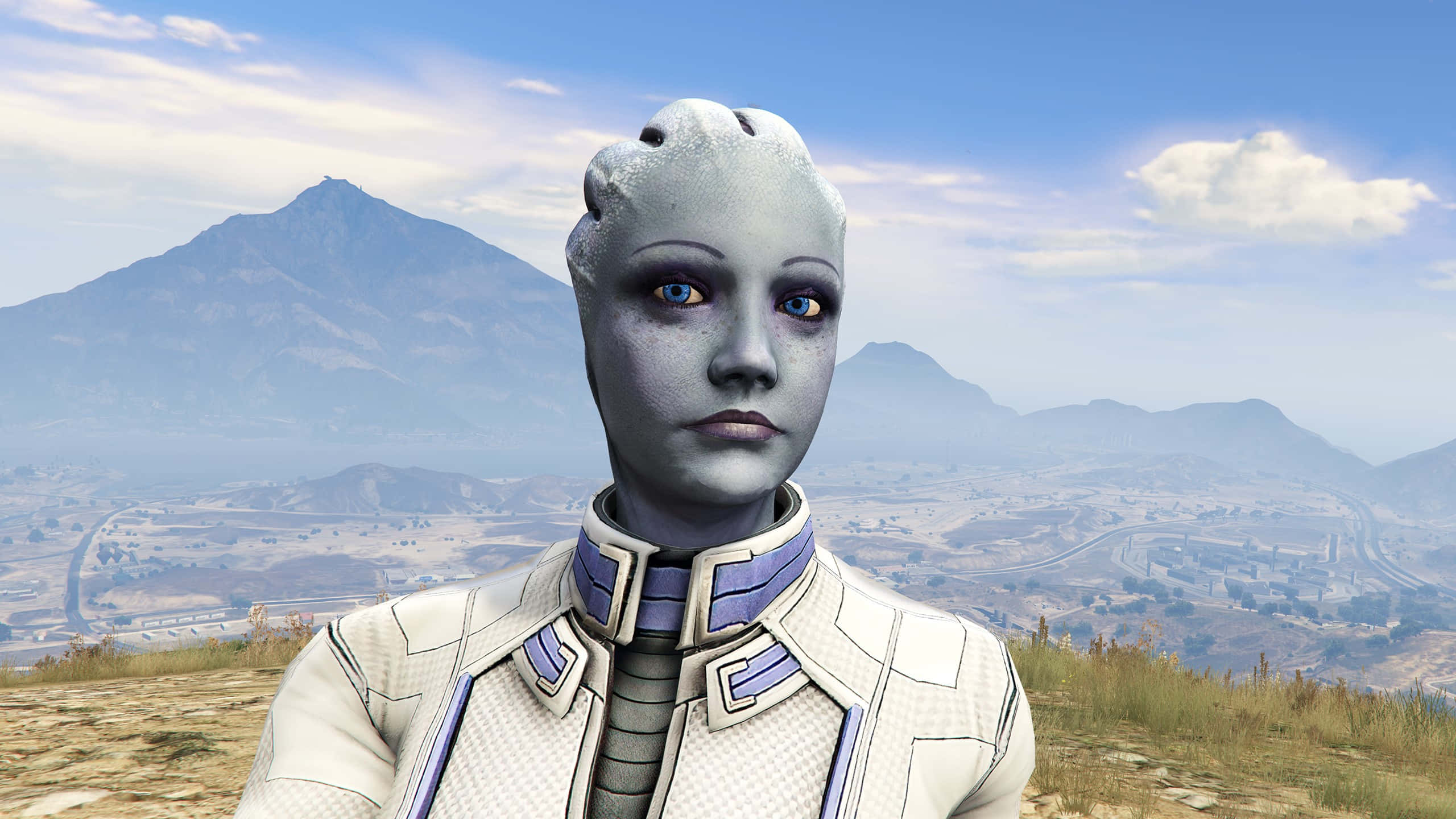 Liara T'soni 桌布 壁紙 — 一個藍眼睛灰色皮膚的人形外星人站在山丘上，俯瞰著廣闊的沙漠山谷，遠處有山脈，天空湛藍。