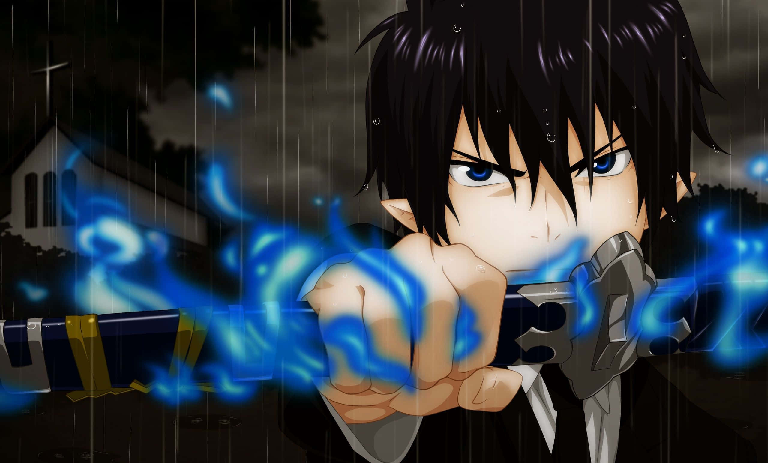 Blue Exorcist 桌布 壁紙 — 一個藍眼睛的動漫男孩在暴雨中握著一把發光的藍色劍，背景是黑暗的教堂。