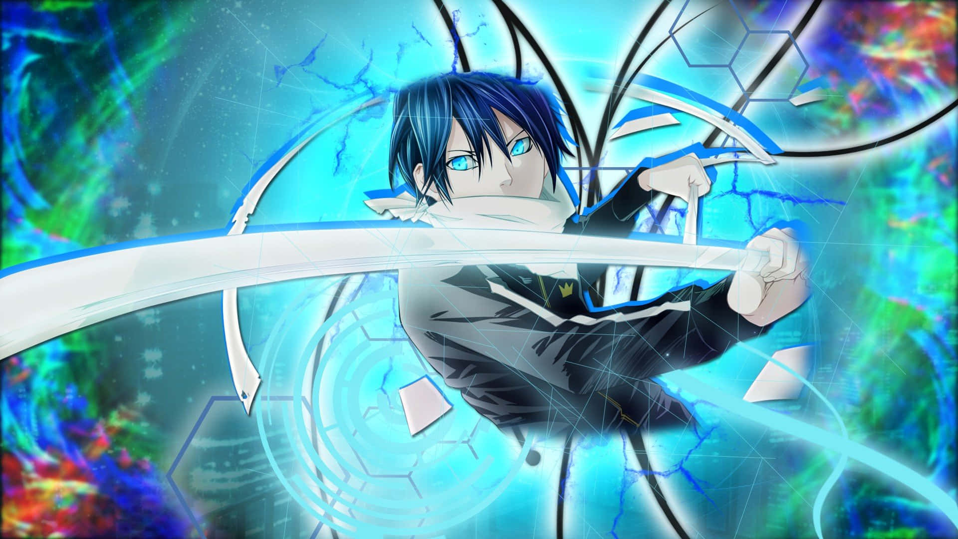 Noragami 桌布 壁紙 — 一個藍眼睛的動漫男孩在破碎的數位漩渦中揮舞著發光的劍，漩渦充滿霓虹藍和綠色。
