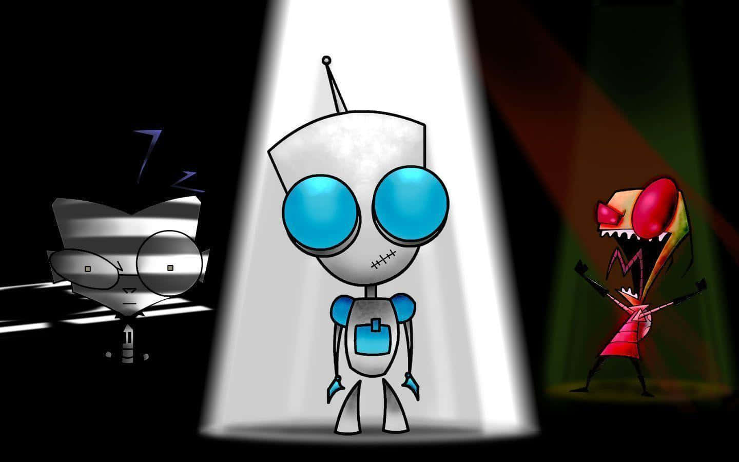 Invader Zim 桌布 壁紙 — 一個藍眼睛的卡通外星人站在聚光燈下，兩側是一隻睡著的貓和一隻紅色怪物，在黑暗的舞台場景中。