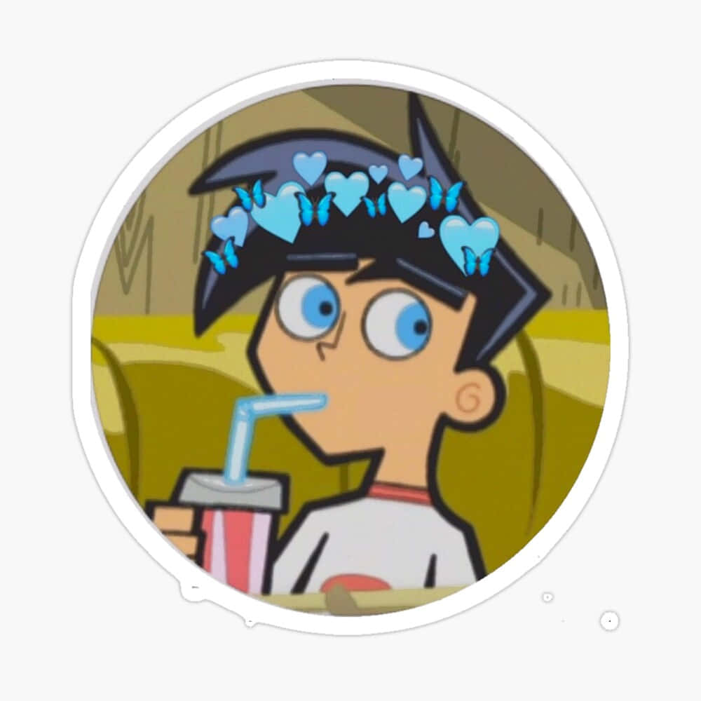 Danny Phantom 桌布 壁紙 — 一個藍眼睛的卡通男孩正在啜飲飲料，藍色心形和蝴蝶漂浮在他的頭頂上。