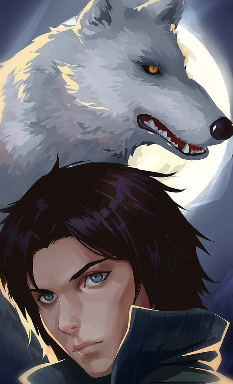 Wolf's Rain Kiba 桌布 壁紙 — 一個藍眼睛的年輕人向前凝視，一隻琥珀色眼睛發光的白狼在滿月背景下潛伏在他們身後。