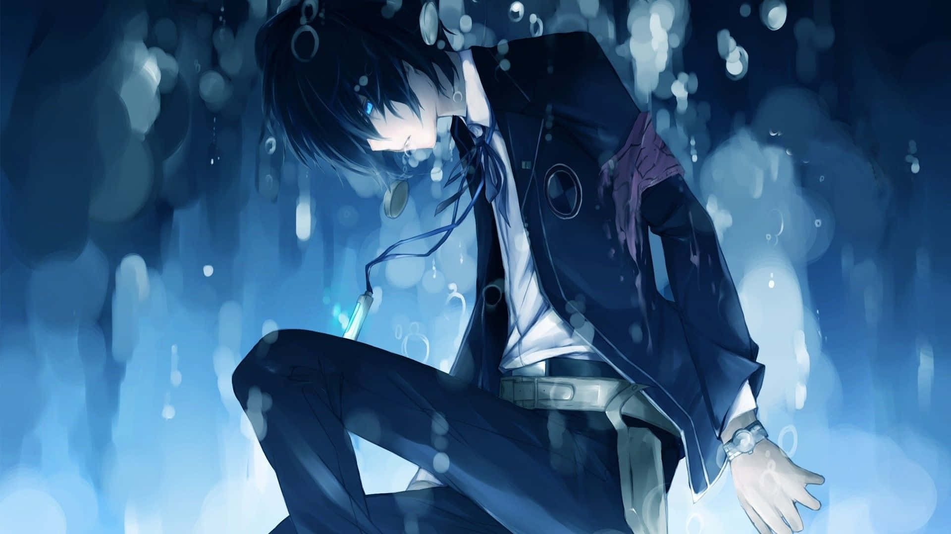 Cute Anime Boys 桌布 壁紙 — 一個藍眼睛的憂鬱動漫男孩坐在水中，氣泡在他周圍升起，散發著冷藍色的光芒。