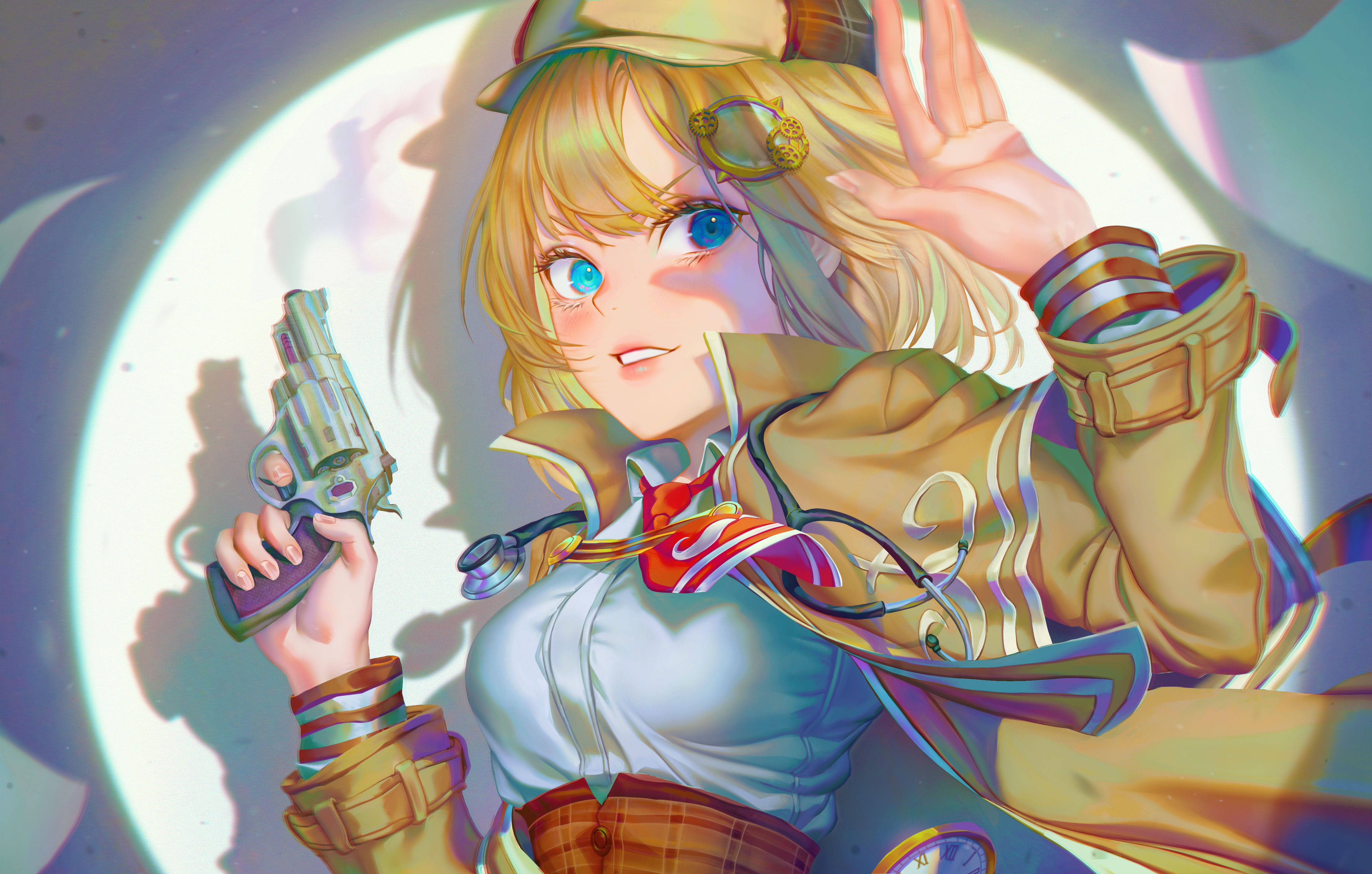 Amelia 桌布 壁紙 — 一個藍眼睛的金髮動漫女孩，在發光的月亮背景下揮舞著左輪手槍。
