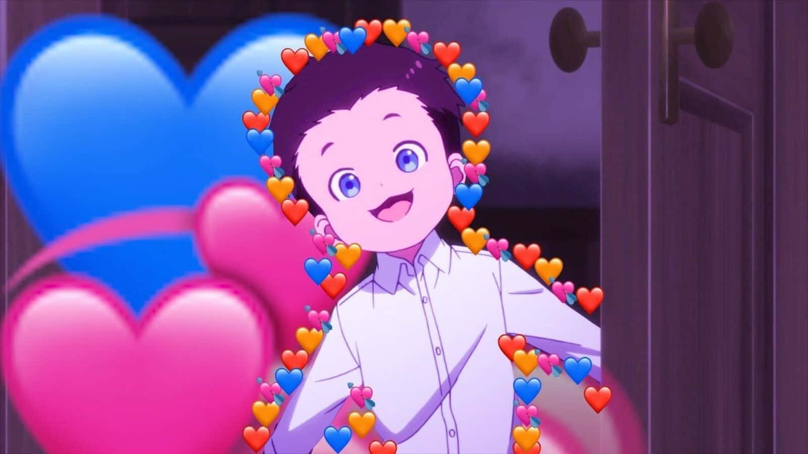 The Promised Neverland Phil 桌布 壁紙 — 一個藍眼睛的開朗動畫男孩在紫色門背景前被彩色心形表情符號包圍，露出燦爛笑容。