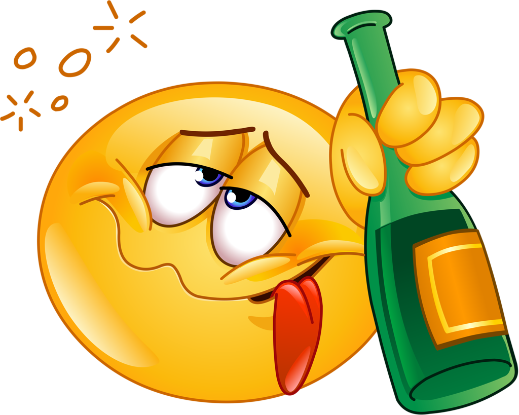 Drunk 桌布 壁紙 — 一個藍眼睛的黃色卡通表情符號伸出舌頭，同時拿著一個帶有橙色標籤的綠色瓶子。