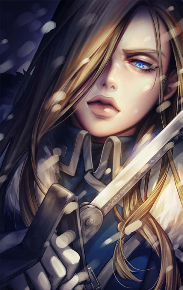 Olivier Mira Armstrong 桌布 壁紙 — 一個藍眼睛長髮的動漫女孩特寫，在柔和的燈光下，於飄落的雪花中手持一把劍。