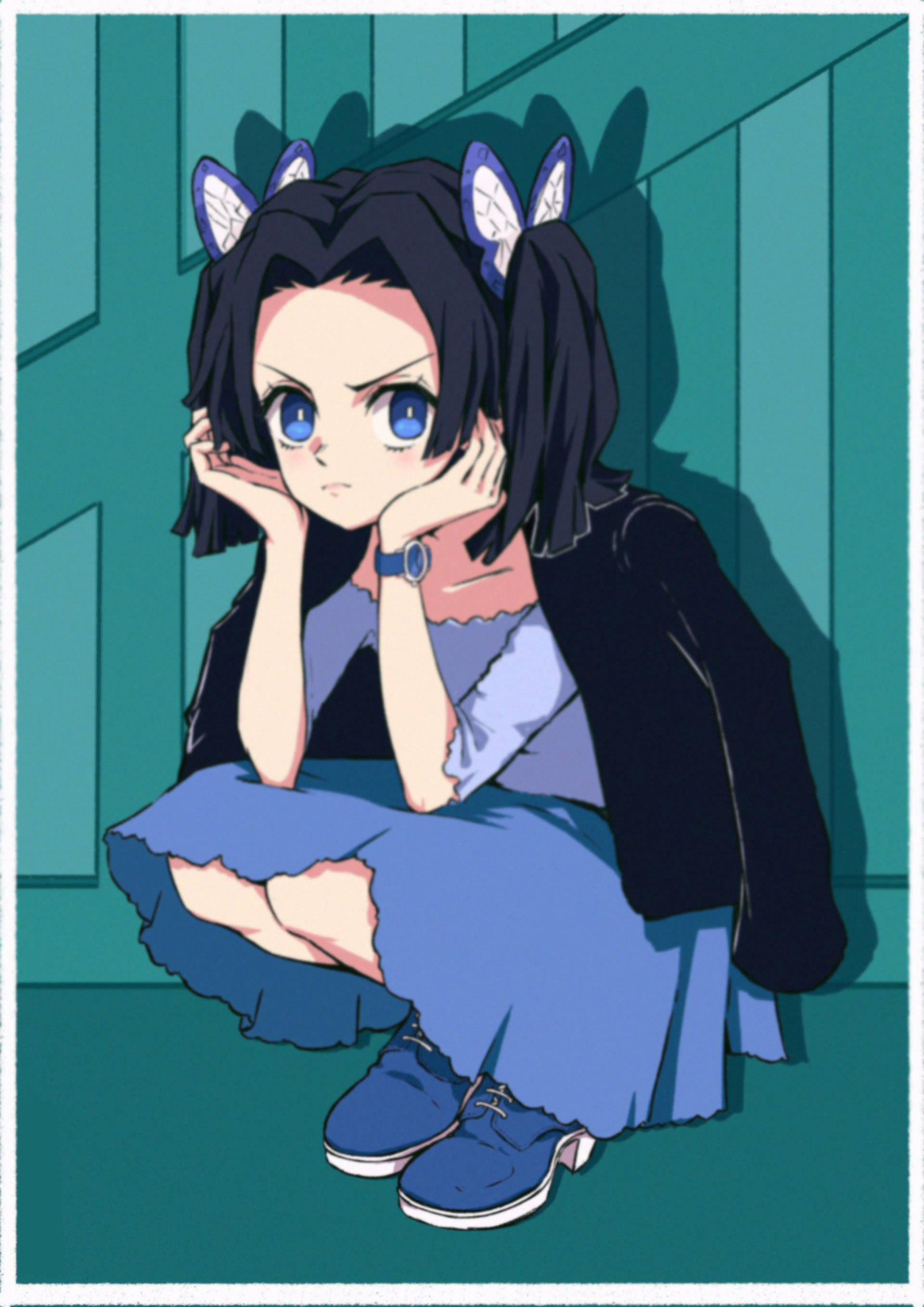 aoi kanzaki 桌布 壁紙 — 一個藍眼貓耳動漫女孩盤腿坐在青綠色牆前，雙手托腮，作沉思狀。