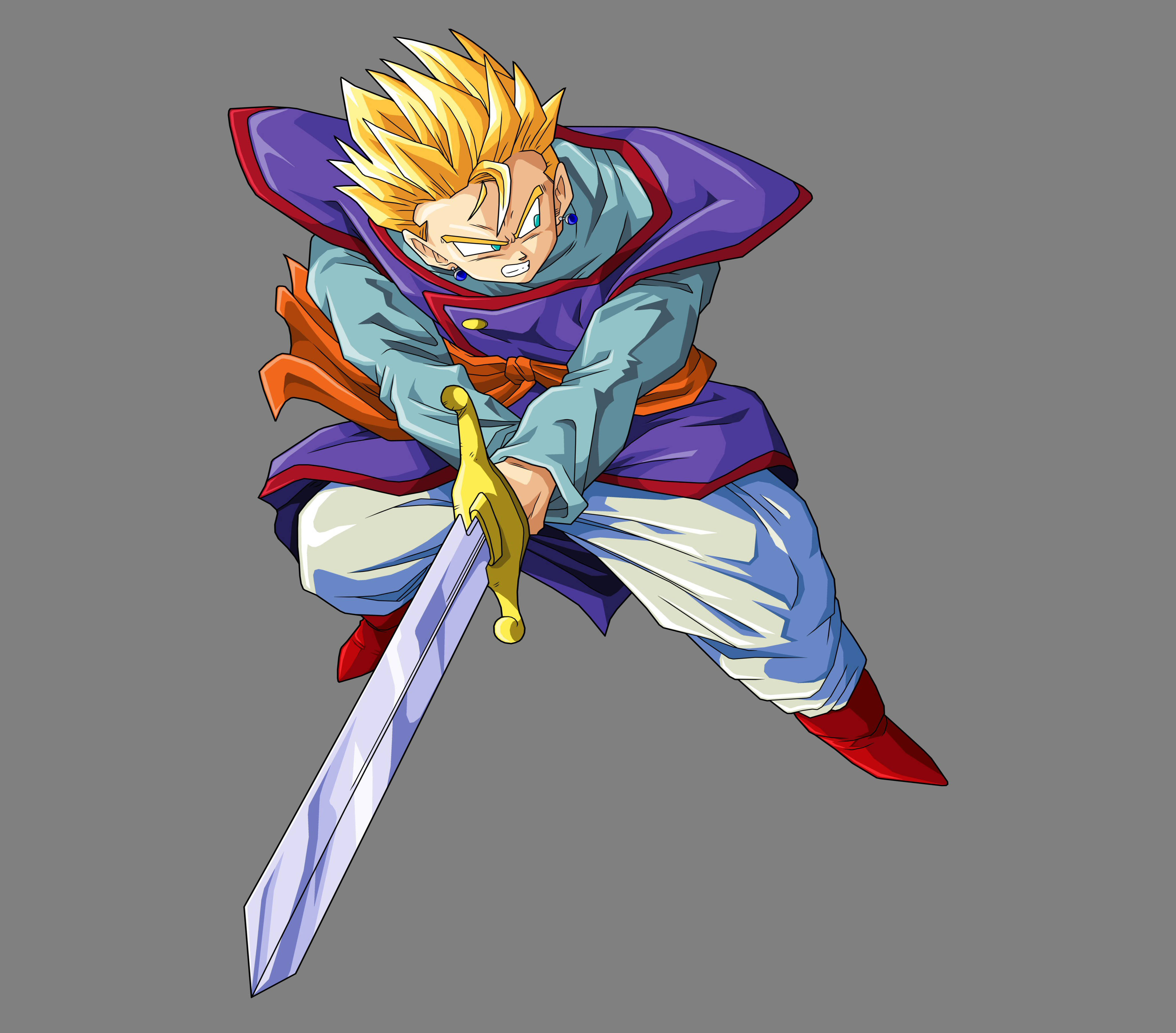 Gohan 桌布 壁紙 — 一個藍紫盔甲、刺蝟頭的動漫戰士，手持發光劍，在純灰色背景上向前衝刺。