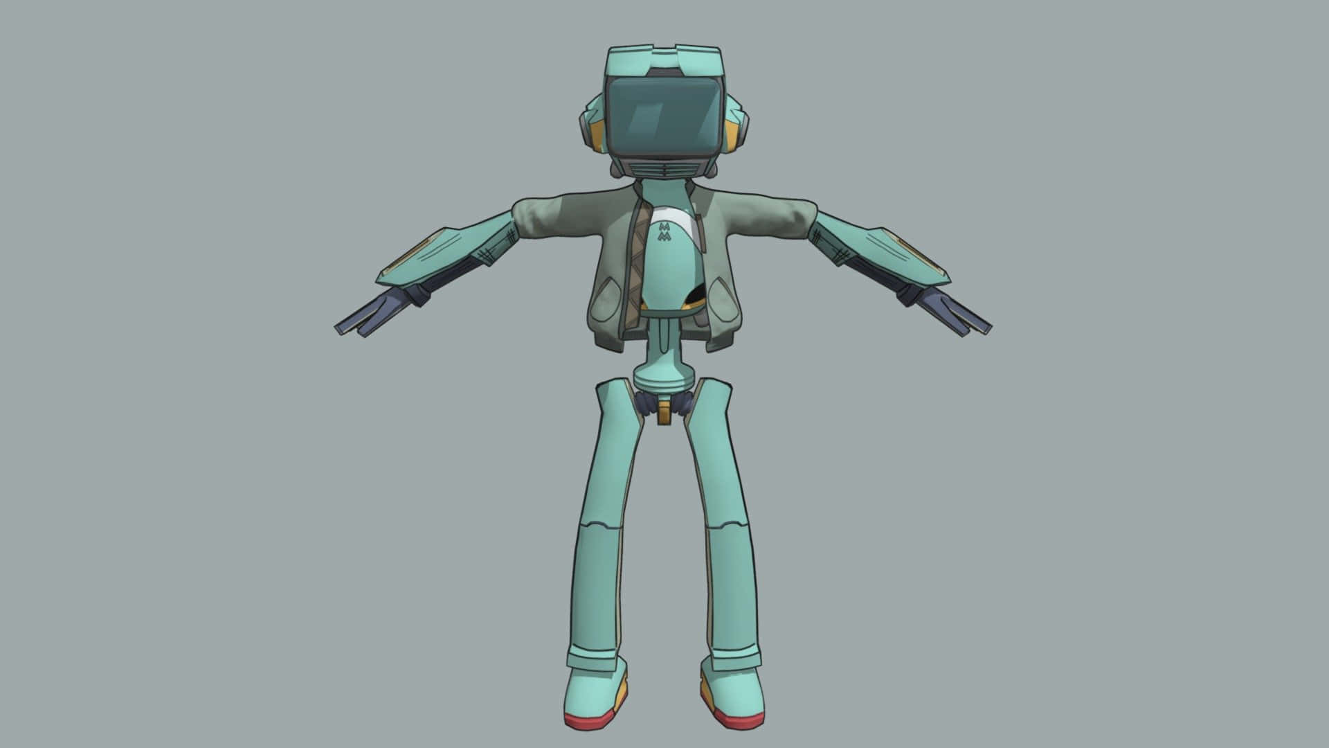 Flcl Canti 桌布 壁紙 — 一個藍綠色和灰色的人形機器人，方形頭部，雙臂伸展，站在純灰色背景前。
