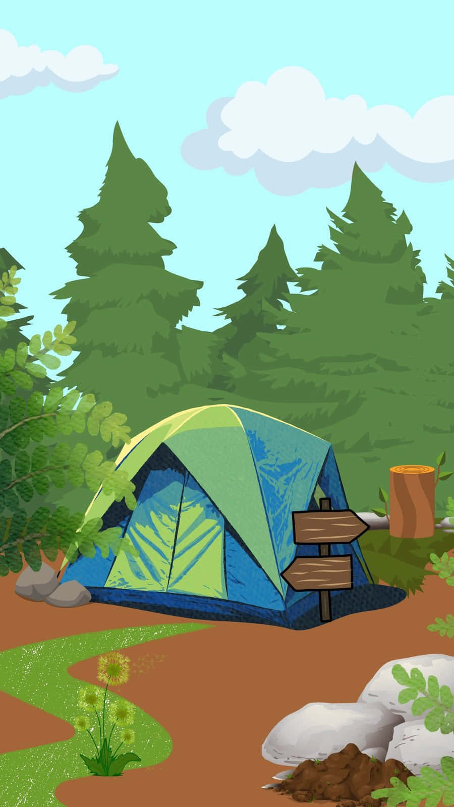 Camp 桌布 壁紙 — 一個藍綠色露營帳篷坐落在森林中，周圍有松樹和蜿蜒小徑，天空晴朗。