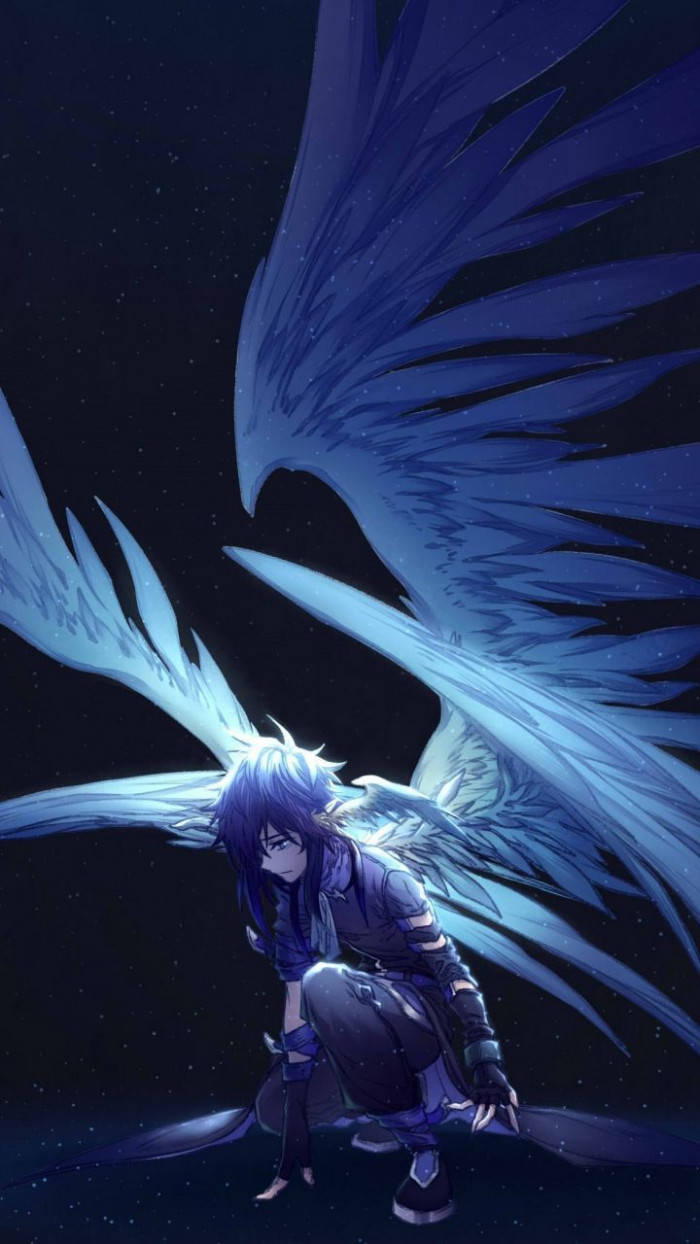 demon boy anime 桌布 壁紙 — 一個藍翼動漫角色在繁星點點的夜空中跪下，帶有發光的羽毛和深色盔甲。