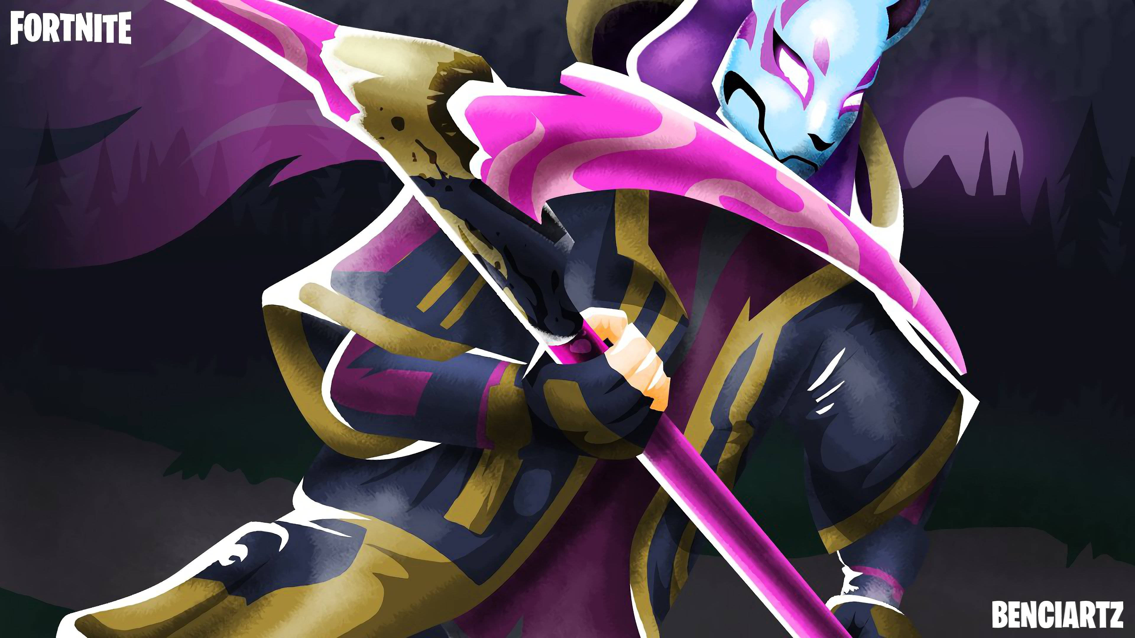 Drift 桌布 壁紙 — 一個藍臉、身穿紫金盔甲的Fortnite角色在黑暗森林背景下揮舞著發光的粉紅色斧頭。