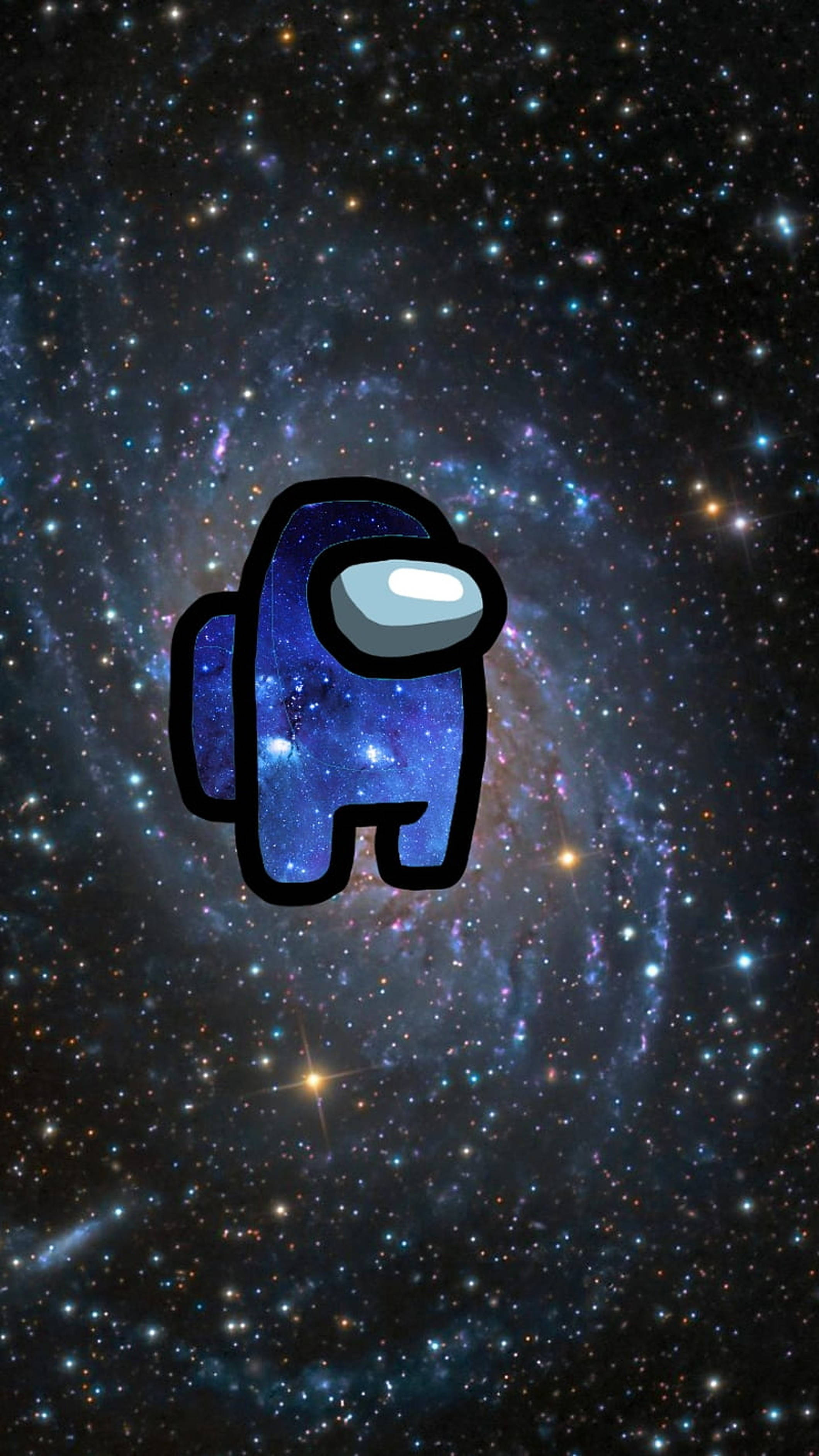 US 桌布 壁紙 — 一個藍色 Among Us 船員漂浮在充滿星星的 vibrant 星系背景中，伴隨著旋轉的宇宙雲。