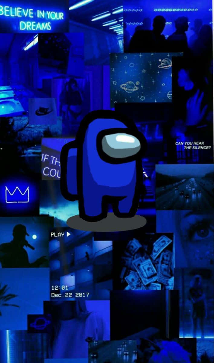 Among US Blue 桌布 壁紙 — 一個藍色 Among Us 角色站在中央，背景是霓虹燈場景、宇宙圖像和神秘文字的陰鬱拼貼畫，統一使用藍色濾鏡。
