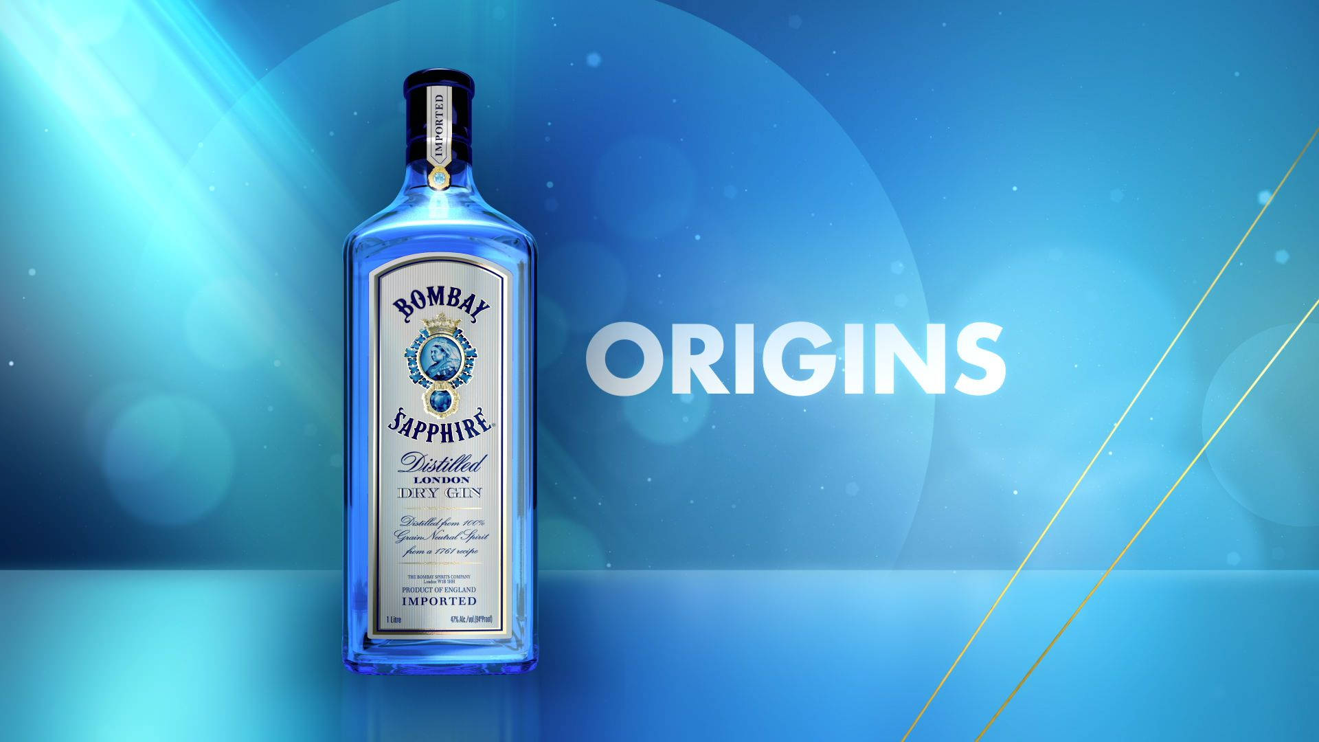 葡萄酒 桌布 壁紙 — 一個藍色 Bombay Sapphire 琴酒瓶居中放置在發光的藍色漸變背景上，並以粗體白色文字顯示 ORIGINS 一詞。