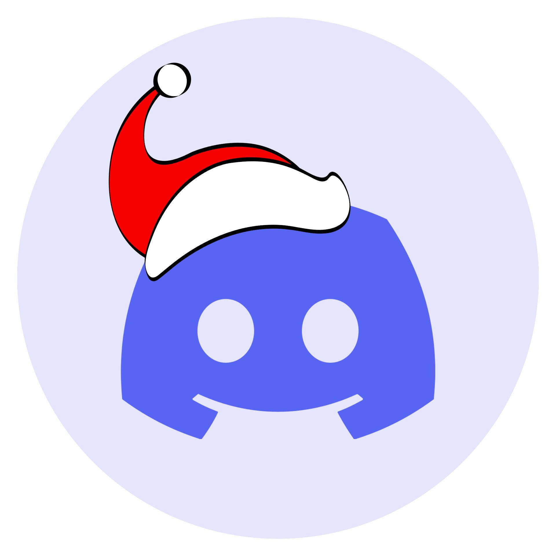 Festive 桌布 壁紙 — 一個藍色 Discord 標誌吉祥物，戴著紅白相間的聖誕帽，背景為淺紫色圓形。