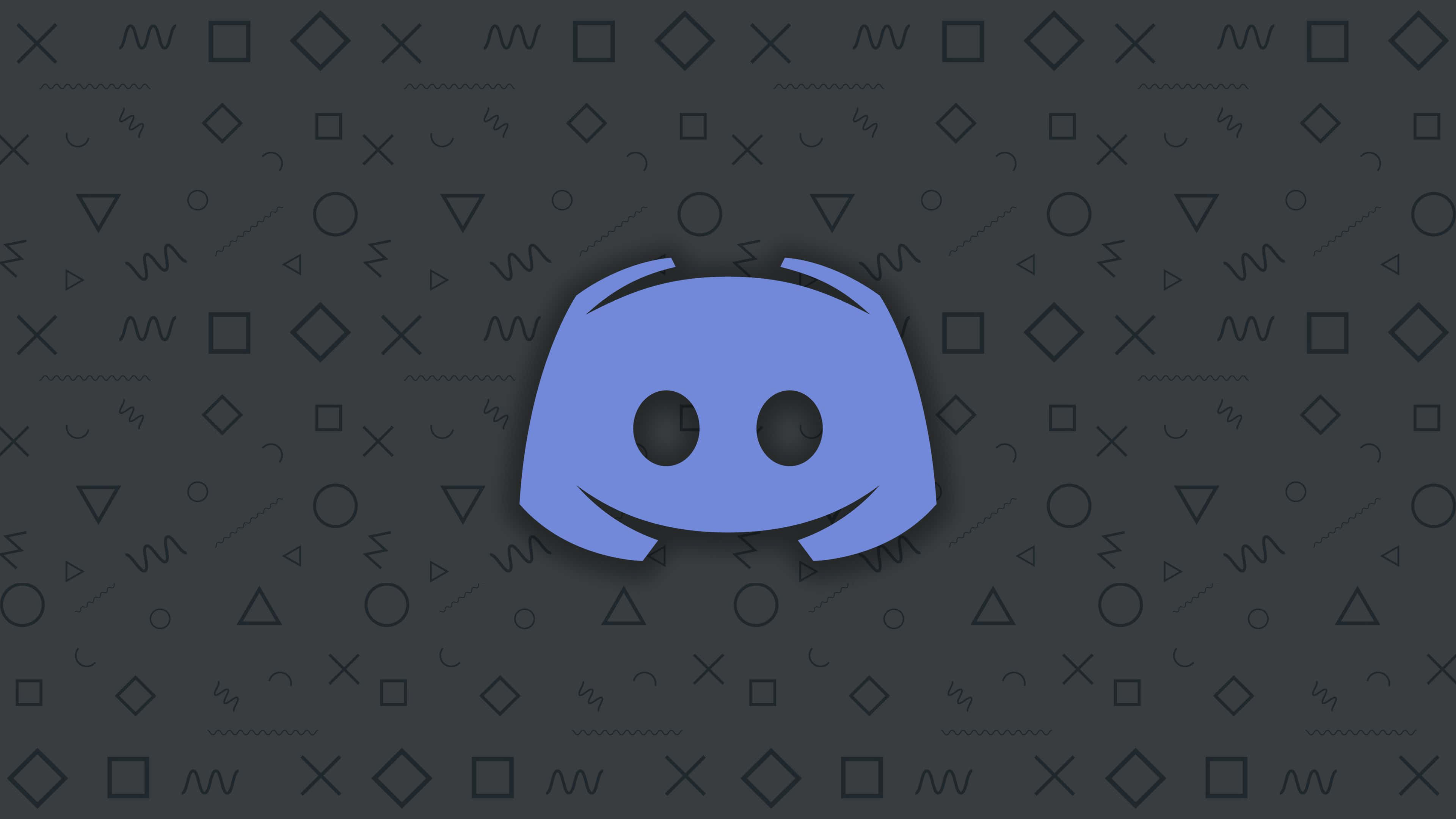 Discord 桌布 壁紙 — 一個藍色 Discord 標誌居中於深灰色背景上，帶有散落的幾何圖案。
