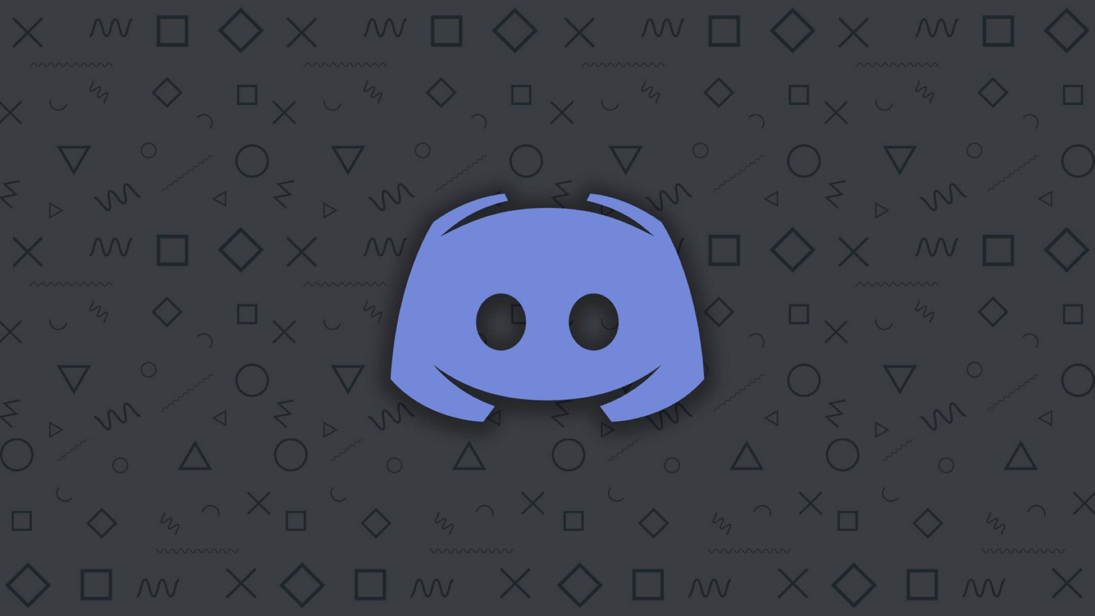 Discord 桌布 壁紙 — 一個藍色 Discord 標誌置中於深灰色背景上，帶有散落的幾何形狀。