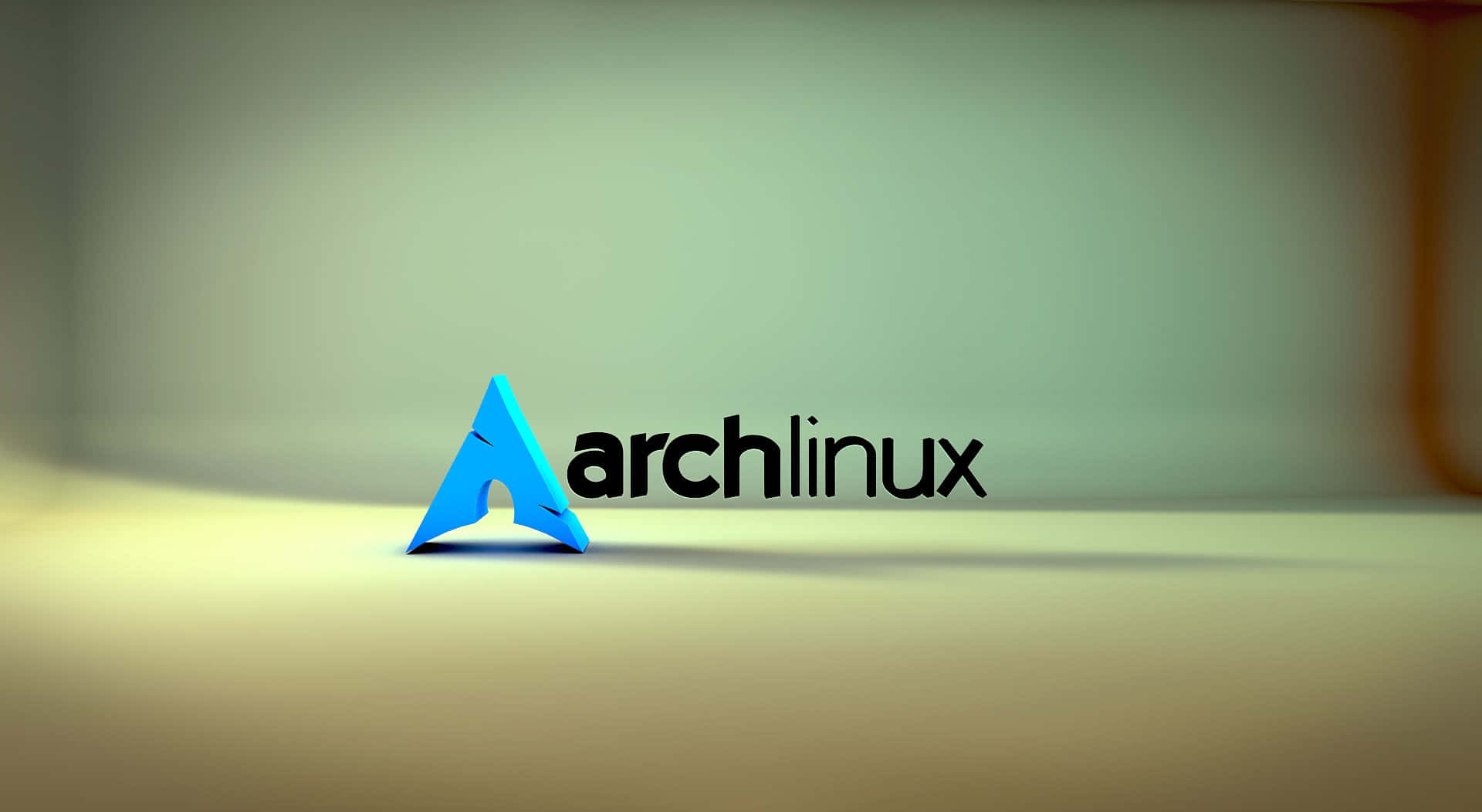 Arch Linux 桌布 壁紙 — 一個藍色3D archlinux標誌居中放置在柔和照明的米色表面上，帶有模糊漸變背景。