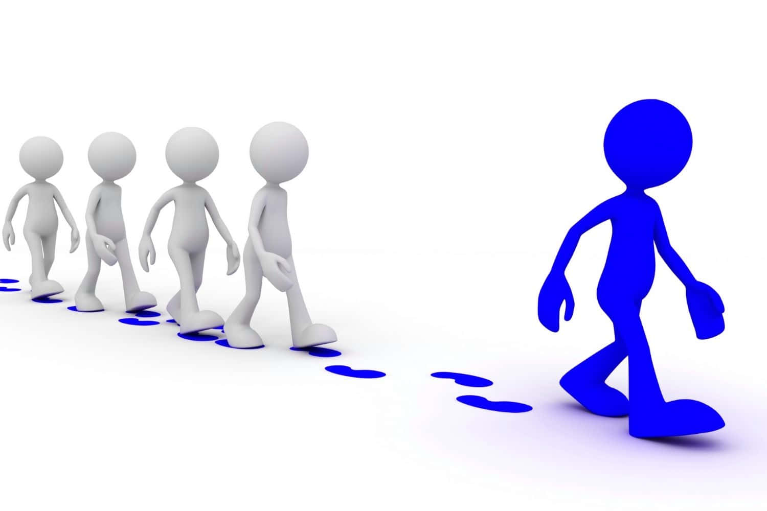 Leadership 桌布 壁紙 — 一個藍色3D人物從一排白色人物走開，在白色表面上留下藍色腳印。