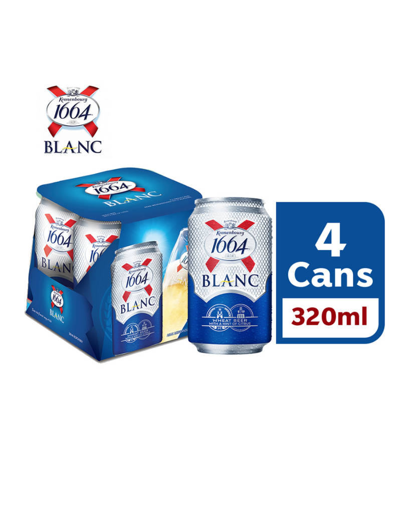 Brewers 桌布 壁紙 — 一個藍色4罐裝及單罐Kronenbourg 1664 Blanc啤酒，帶有清晰品牌標識和容量細節，背景為白色。