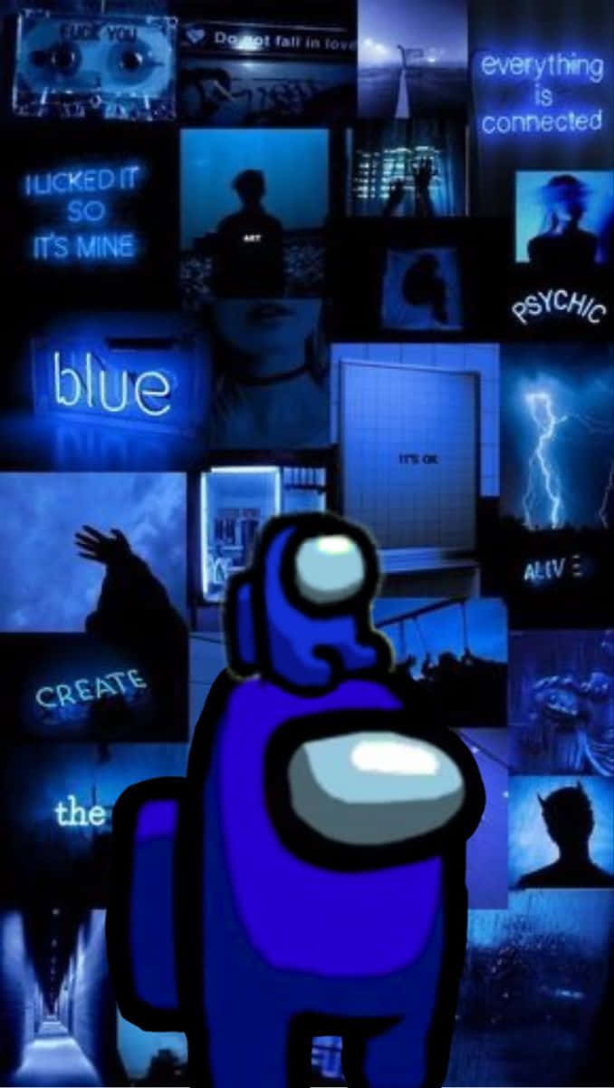 Among US Blue 桌布 壁紙 — 一個藍色Among Us角色站在舞台中央，背景是深藍色霓虹燈場景和文字疊加的拼貼畫。