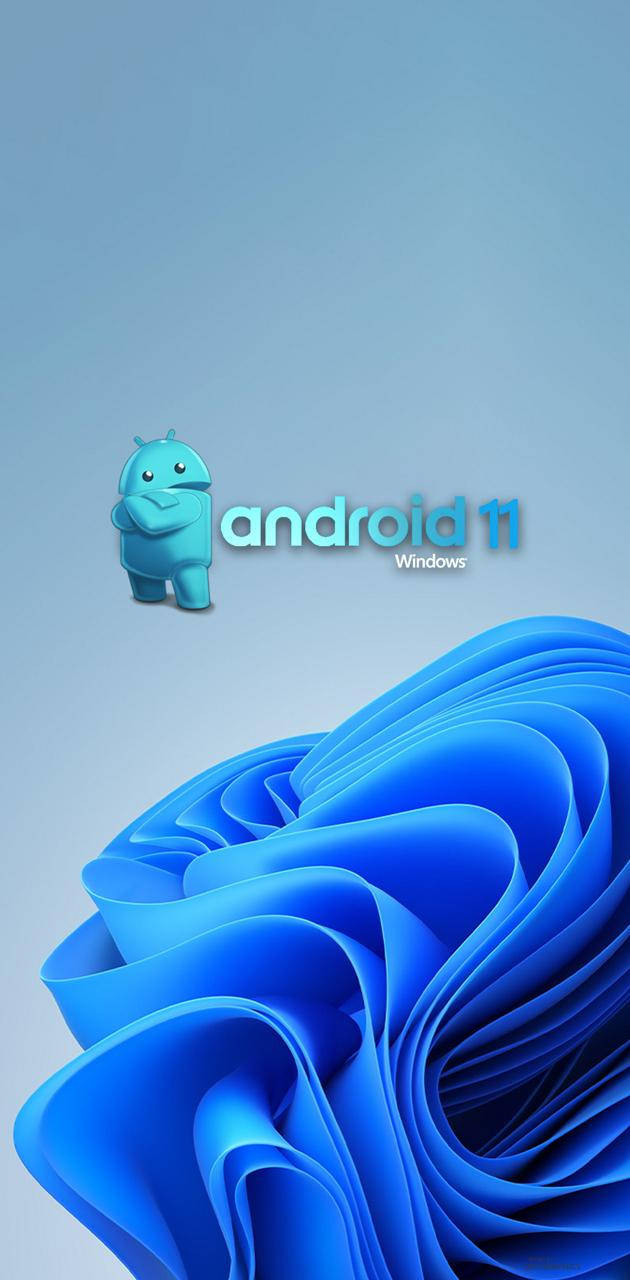 手機 桌布 壁紙 — 一個藍色Android吉祥物站在「Android 11 Windows」文字旁邊，背景是漸層天空，下方有旋轉的藍色抽象波浪。