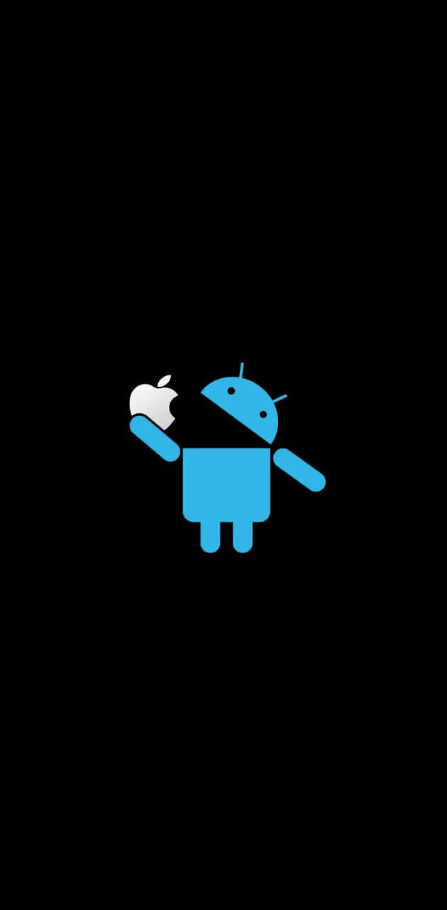 蘋果標誌 桌布 壁紙 — 一個藍色Android機器人在純黑色背景上拿著一個白色Apple標誌。
