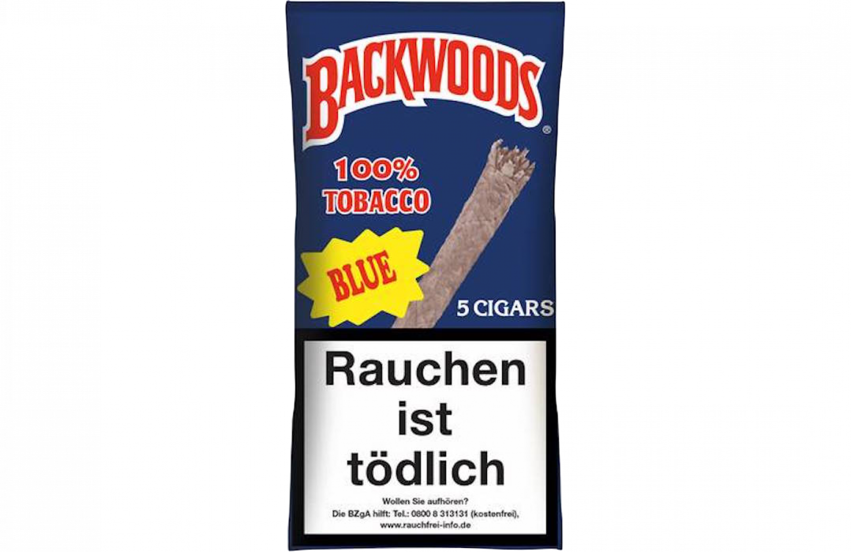 Backwoods 桌布 壁紙 — 一個藍色Backwoods雪茄包裝，帶有黃色星爆和德國健康警告。