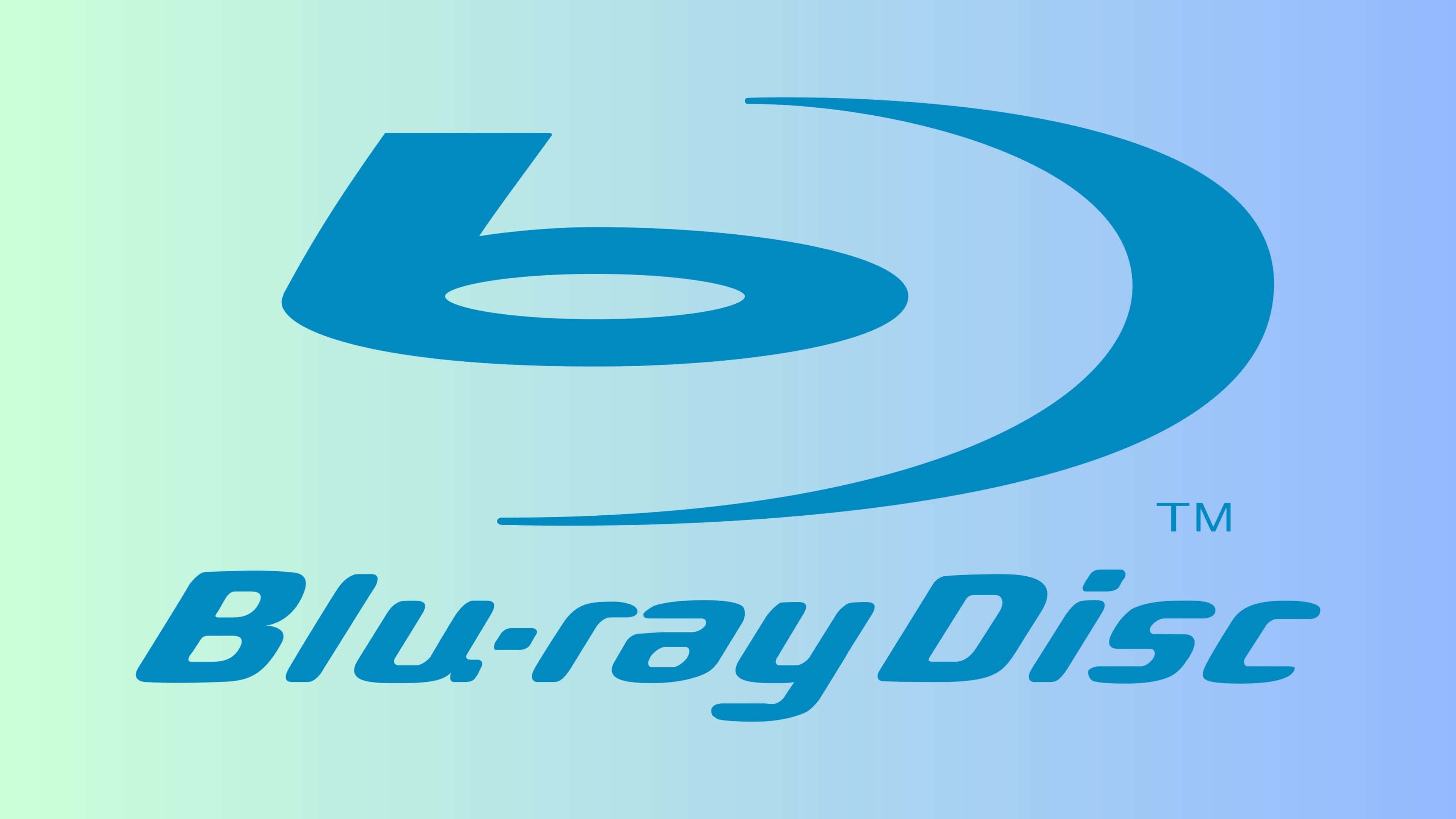 4K Blu-ray 桌布 壁紙 — 一個藍色Blu-ray Disc標誌居中於柔和青綠色和淺藍色漸變背景上。
