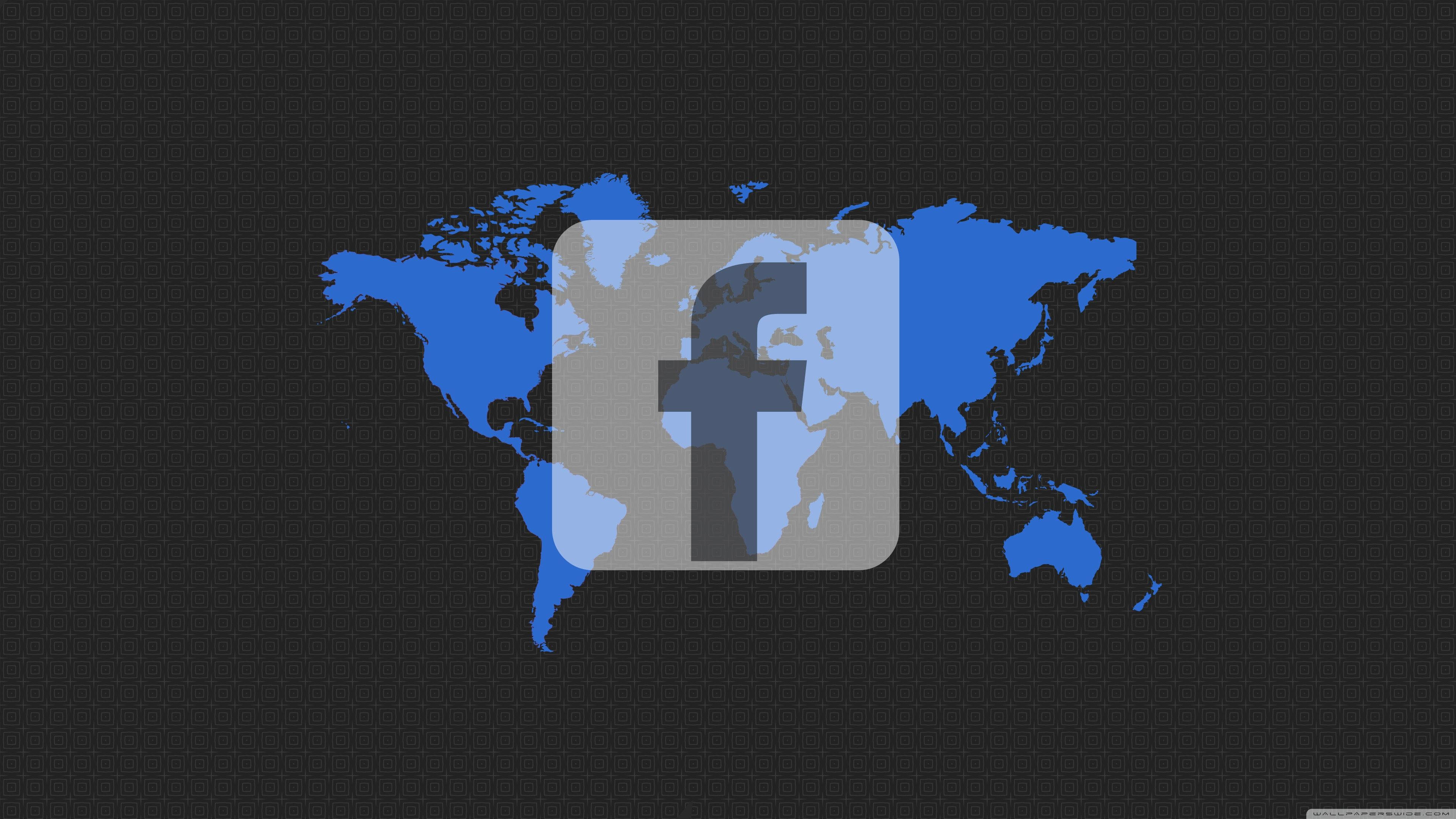 Facebook 桌布 壁紙 — 一個藍色Facebook標誌置中於世界地圖上，背景為深色紋理。