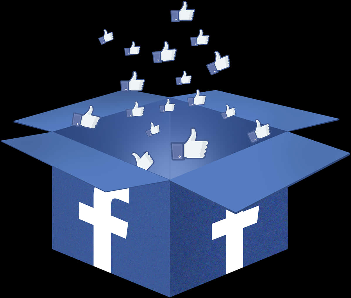 Facebook 桌布 壁紙 — 一個藍色Facebook盒子，在黑色背景上溢出大量豎起拇指圖示。