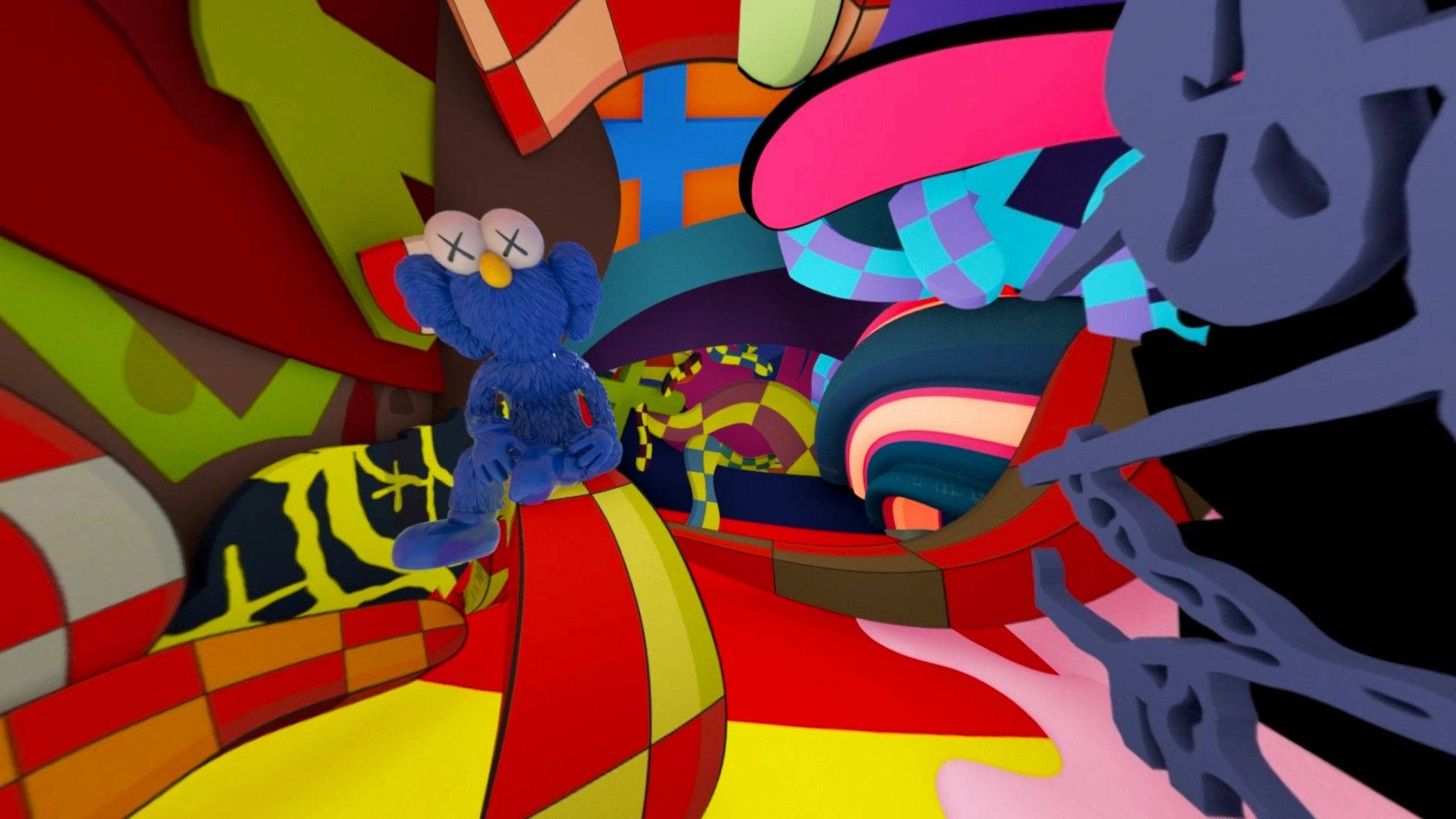 KAWS 桌布 壁紙 — 一個藍色KAWS毛絨玩具漂浮在充滿活力的幾何形狀和大膽圖案的混亂爆炸中。
