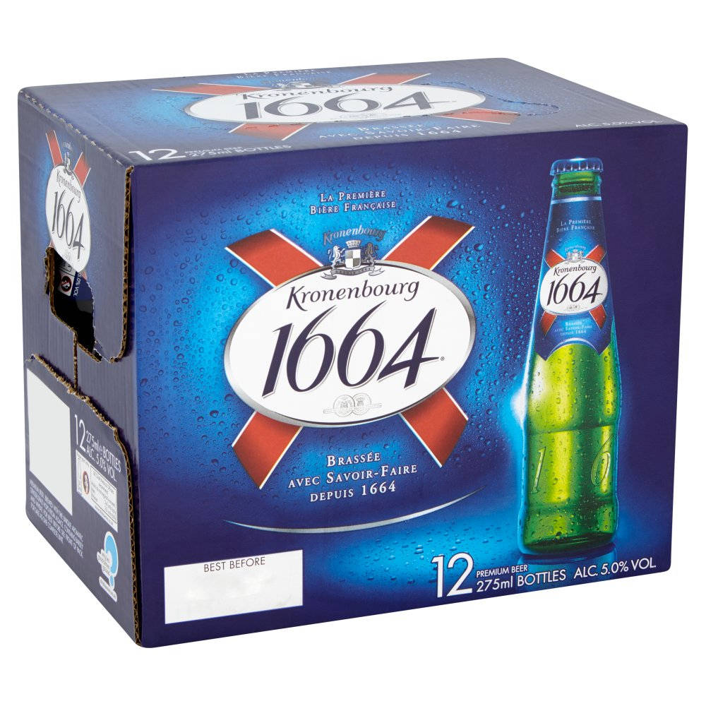 Beer 桌布 壁紙 — 一個藍色Kronenbourg 1664啤酒盒，帶有紅色十字設計和冷凝水滴，旁邊有一個綠色瓶子。