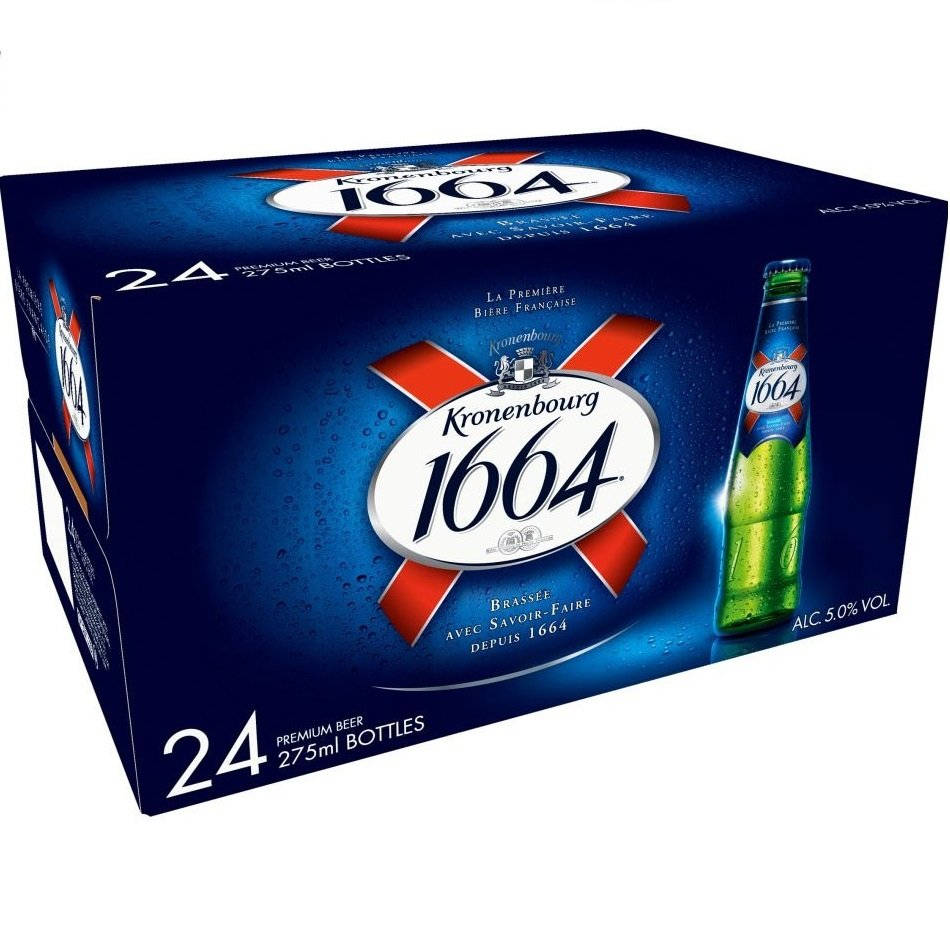 Beer 桌布 壁紙 — 一個藍色Kronenbourg 1664啤酒箱，帶有紅色點綴和一個綠色瓶子的圖案，背景為白色。