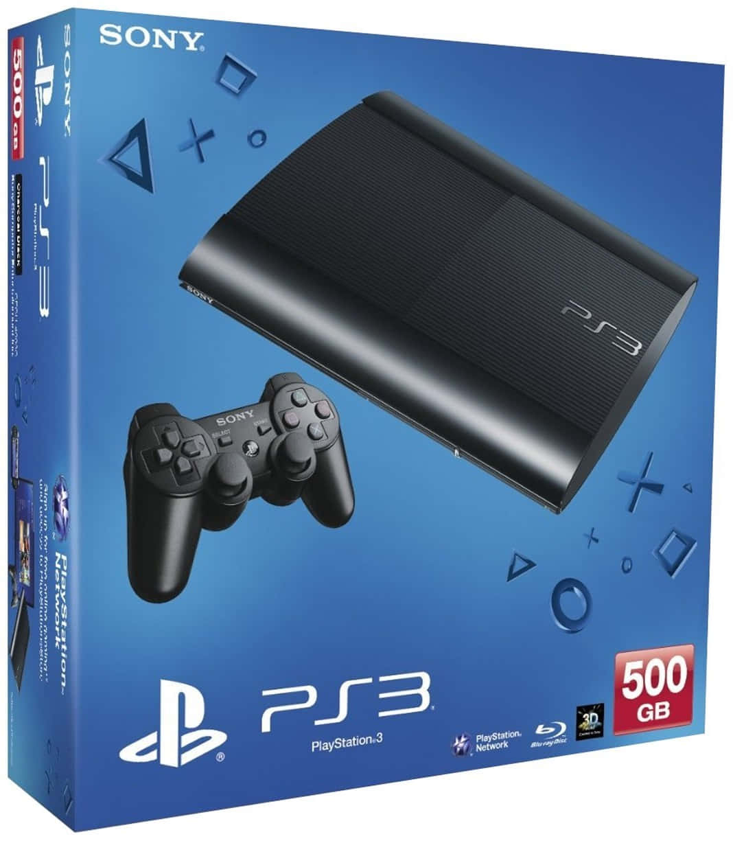 PlayStation 桌布 壁紙 — 一個藍色PlayStation 3主機盒，內含黑色PS3系統和控制器，配備500GB儲存空間和標誌性控制器按鈕。