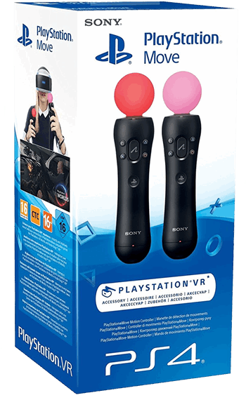 PlayStation 桌布 壁紙 — 一個藍色PlayStation VR盒，裡面有一個人戴著頭戴式裝置和兩個帶有紅色和粉紅色球體的動作控制器。