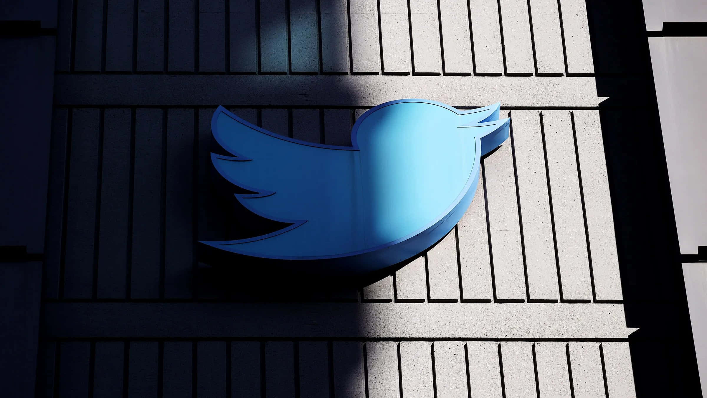 Twitter 桌布 壁紙 — 一個藍色Twitter鳥標誌在陽光照射的灰色瓷磚建築外牆上投下清晰的陰影。