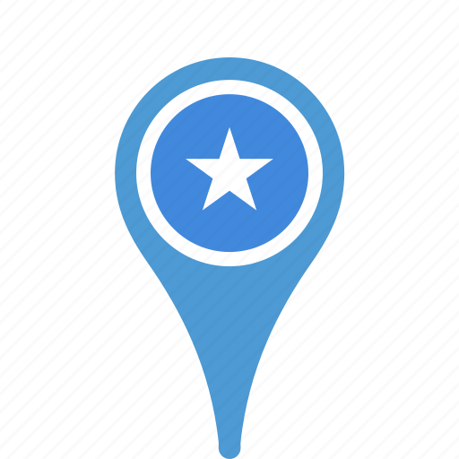 Map Pin 桌布 壁紙 — 一個藍色位置圖釘圖示，白色圓圈內居中有一顆白色星星，背景為黑色斜條紋。