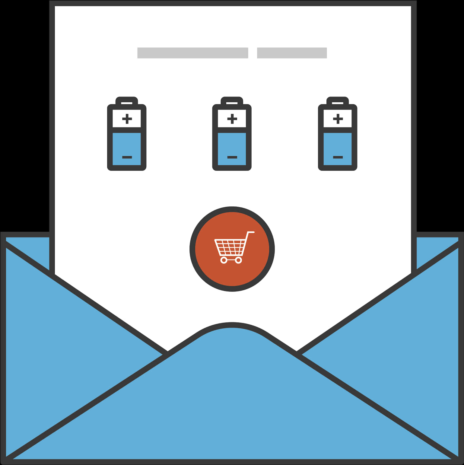 Email 桌布 壁紙 — 一個藍色信封內含一張白色卡片，上面有三個電池圖示和一個紅色購物車按鈕。