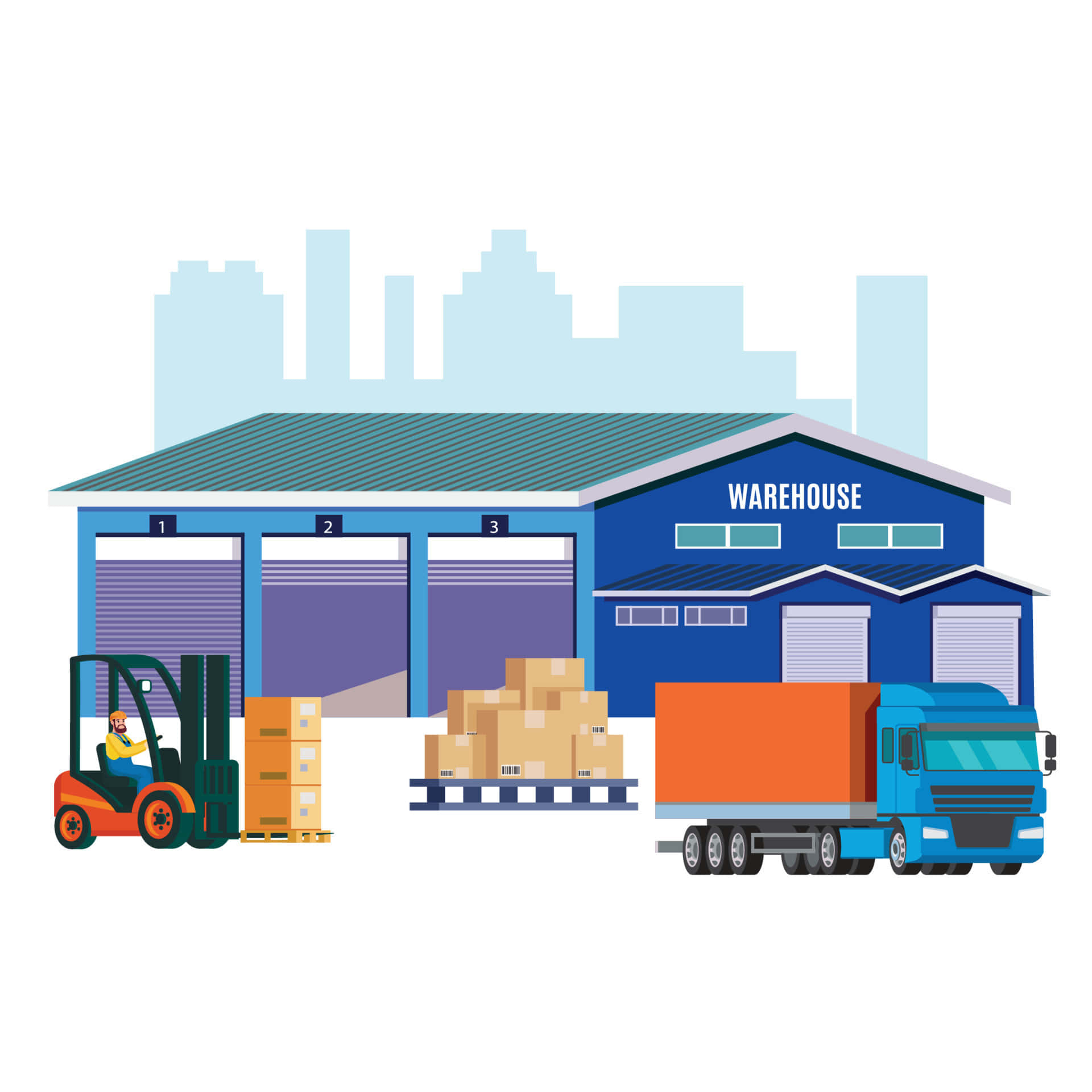 Warehouse 桌布 壁紙 — 一個藍色倉庫，有堆高機操作員和一輛裝滿箱子的送貨卡車，背景是城市天際線。