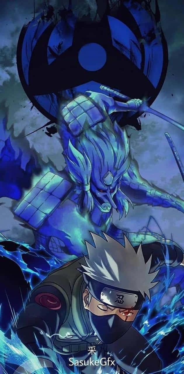 桌布 壁紙 — 一個藍色充能的忍者與一個高聳的裝甲惡魔在黑暗的月光下戰鬥。