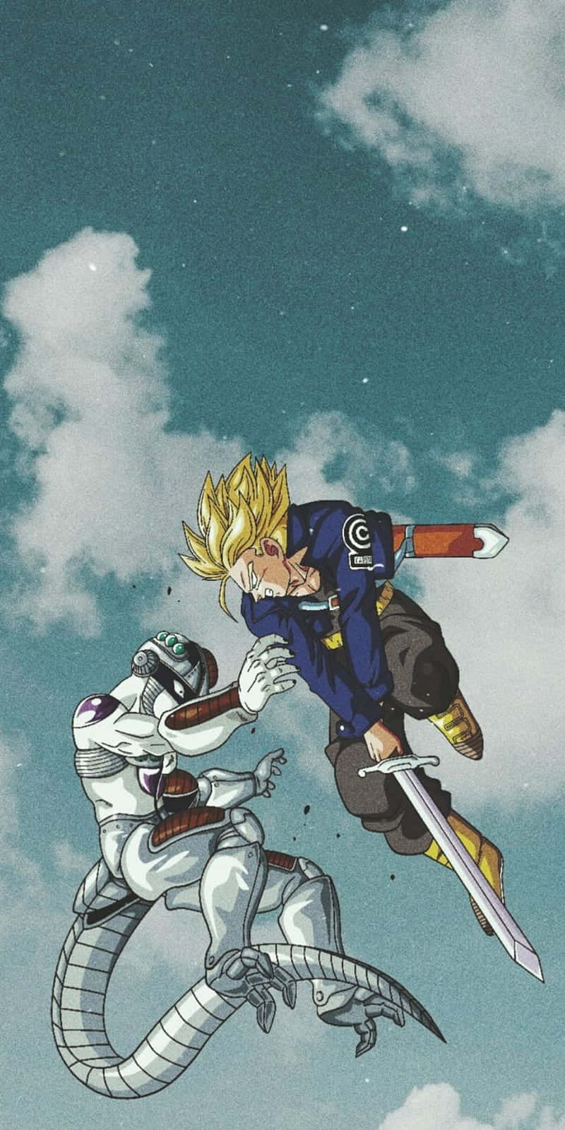 Vegeta And Trunks 桌布 壁紙 — 一個藍色刺蝟頭戰士在星空下動態跳躍，揮舞著劍並與一個機械蛇形生物搏鬥。