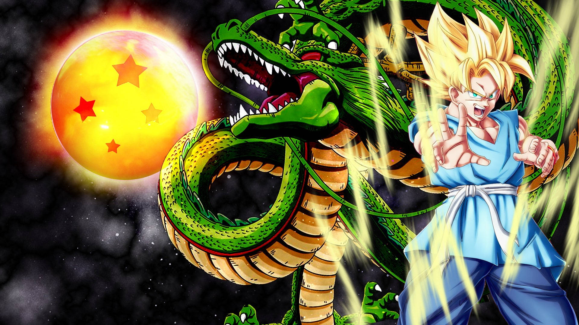 青龍 桌布 壁紙 — 一個藍色刺蝟頭戰士在星空下與一隻巨大的綠色龍戰鬥，背景有一顆發光的行星。