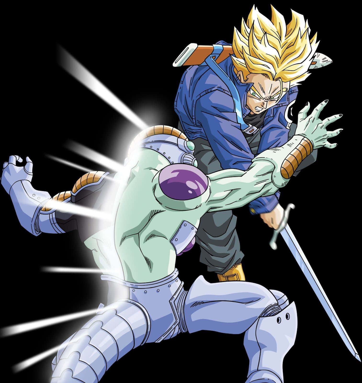 Trunks Vs Frieza 桌布 壁紙 — 一個藍色刺蝟頭的動漫戰士，在黑色背景前用發光的劍攻擊一個裝甲外星人。